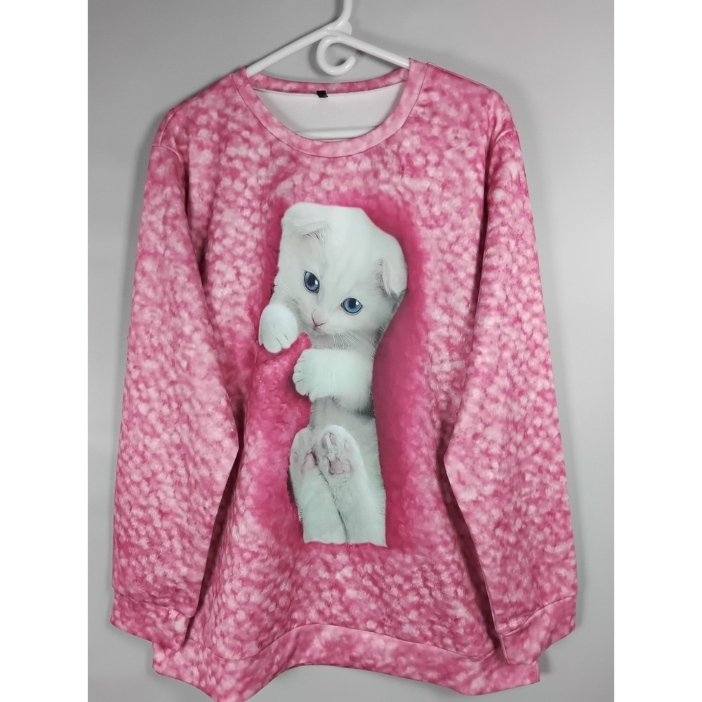 Kitten In Pink Fluff Graphic Sweatshirt Womans 4XL Long Sleeve Silky Cat Sweater